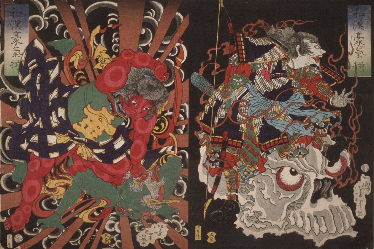 Warrior on Skull and Kintoki Overpowering a Demon, ze série Valor v Číně a Japonsku od Tsukioka Yoshitoshi