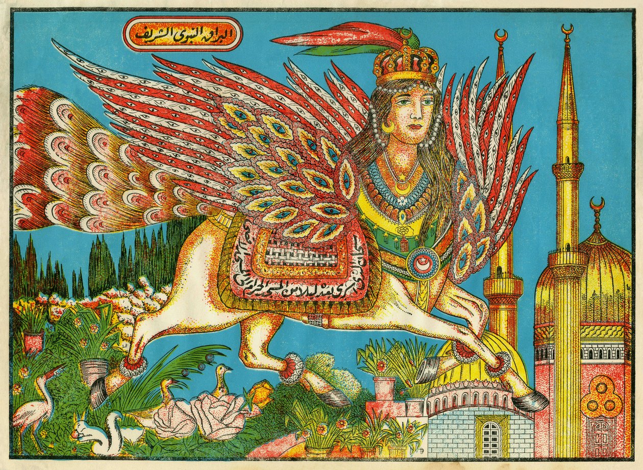 Al-Bourak (Al Bourak) (Buraq, Bouraq, Burak), koňské křídlo s ženskou hlavou a pavím ocasem, na kterém Mohamed, vedený archandělem Gabrielem, cestoval v noci z Mekky do Al-Aksa. Populární snímky, Tunisko od Tunisian School