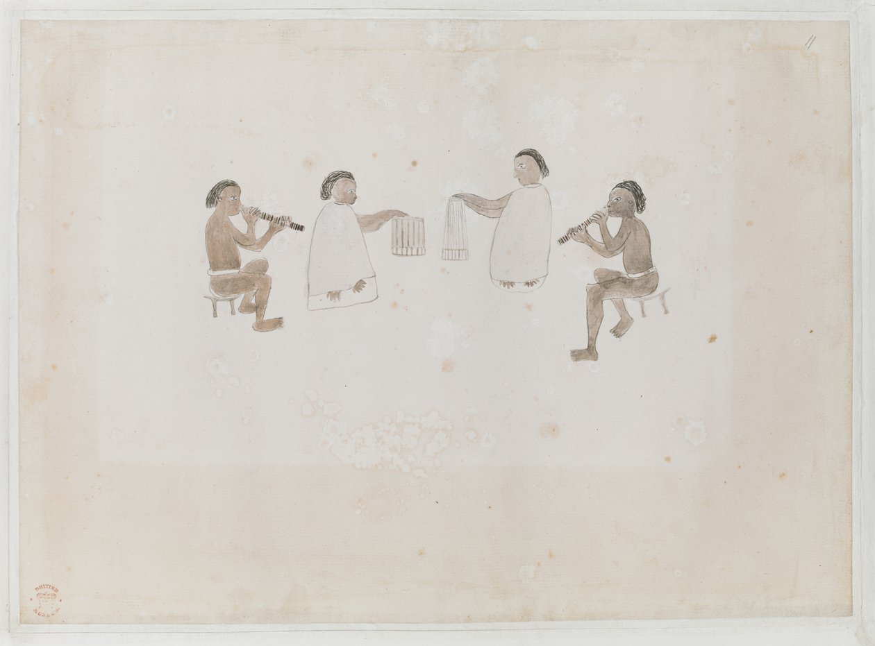 Přidat MS 15508 f.11 Musicians of Tahiti, červen 1770 (akvarel na papíře) od Tupaia Tupaia