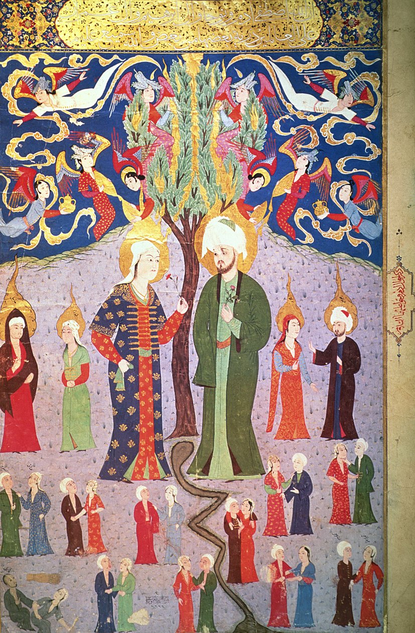 Adam a Eva a jejich třináct dvojčat, z „Zubdet ut Tevarih“ od Lokmana, 1583 od Turkish School