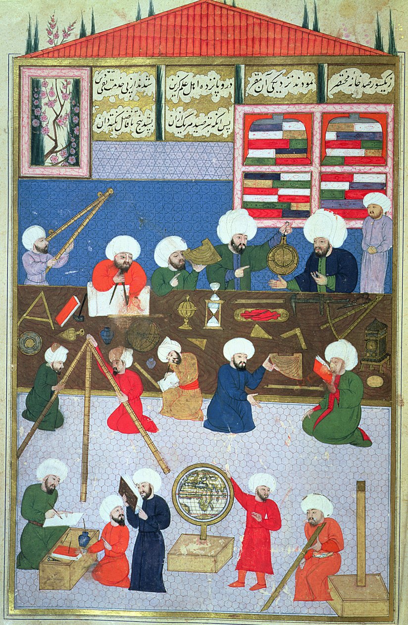 FY 1404 Takyuddin a další astronomové na Galatské observatoři založené v roce 1557 sultánem Suleymanem ze Sehinsahname Murada III, kolem roku 1581 od Turkish School