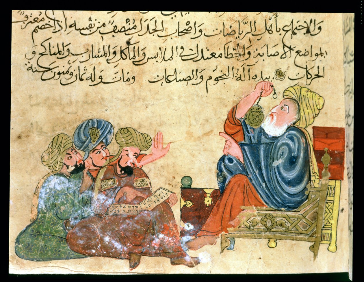 MS Ahmed III 3206 Aristoteles učí, ilustrace z „Kitab Mukhtar al-Hikam wa-Mahasin al-Kilam“ od Al-Mubashira (pero a inkoust a kvaš na papíře) od Turkish School