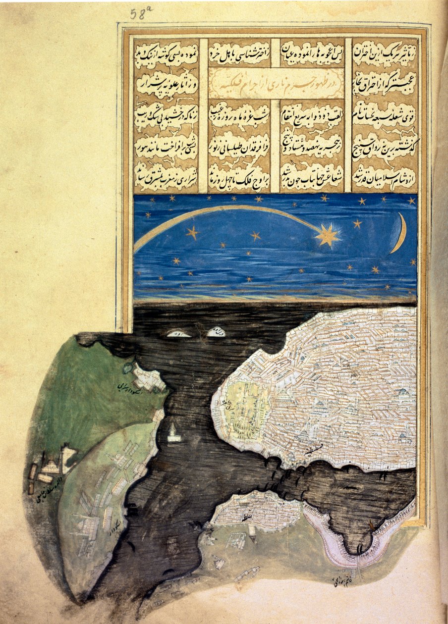 MS FY 1404 f.58a, Velká kometa nad Zlatým rohem v Konstantinopoli, od Sehinsahname Murada III, kolem 1581 od Turkish School