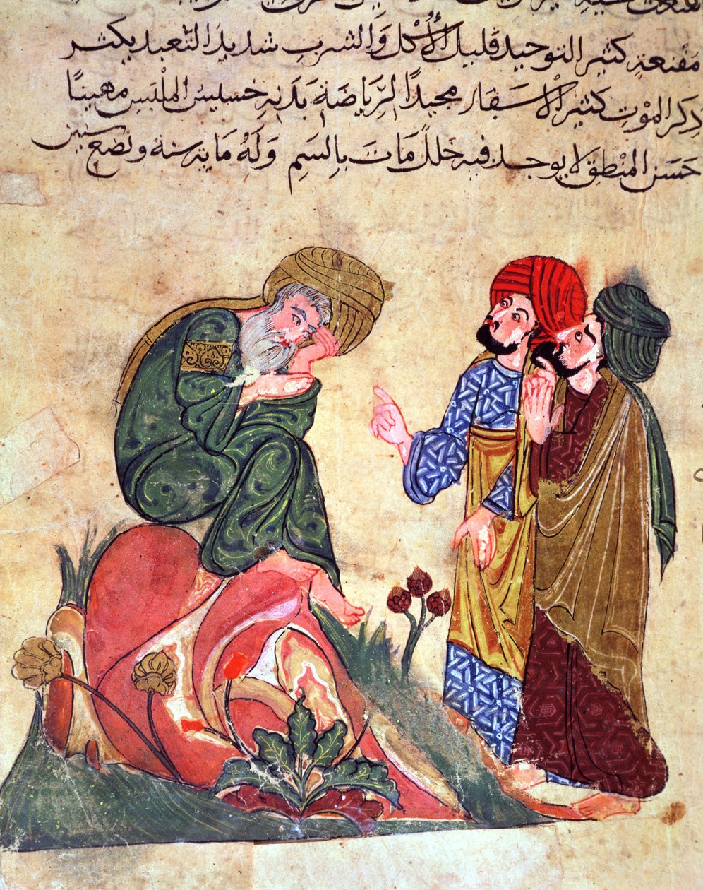 Sokrates (470-399 př.nl) a jeho studenti, ilustrace z „Kitab Mukhtar al-Hikam wa-Mahasin al-Kilam“ od Al-Mubashira (pero a inkoust a kvaš na papíře) od Turkish School