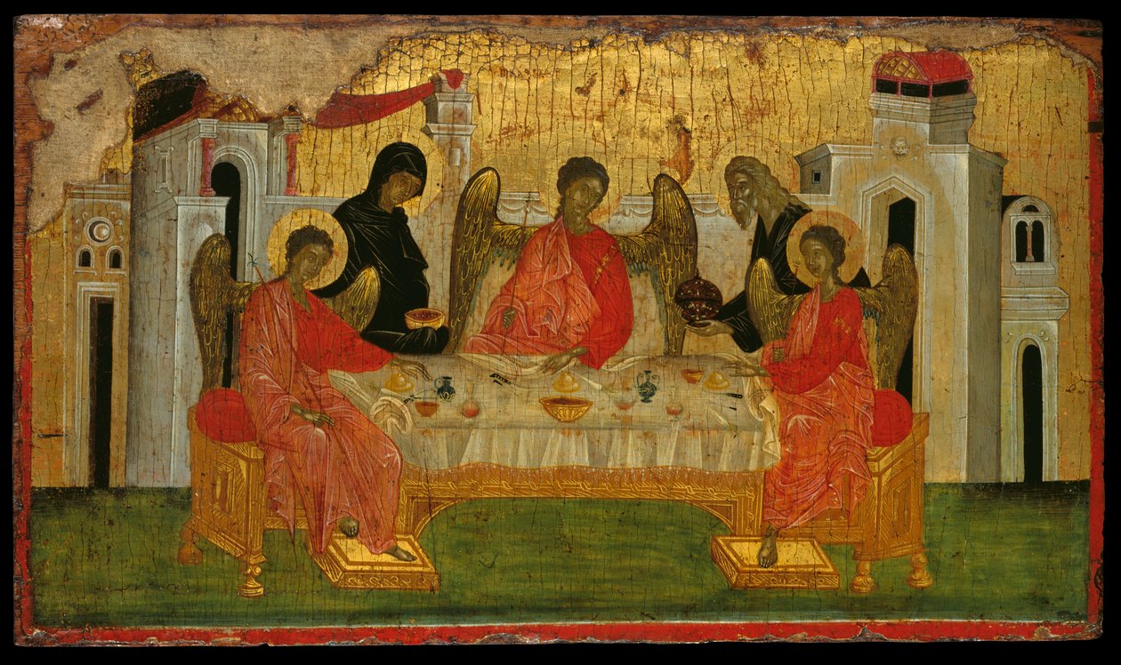 Abrahamova pohostinnost, symbolické znázornění Nejsvětější Trojice (vaječná tempera na panelu) od Turkish School