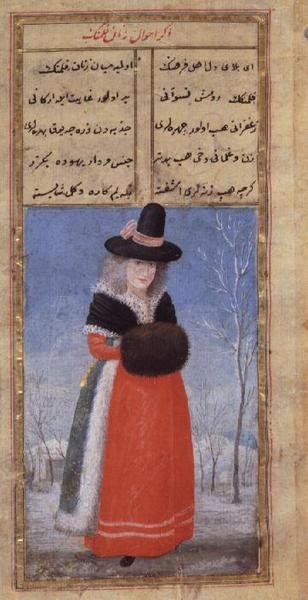 Holandská žena v zimním kostýmu od Fazil Husayn Andaruni, nebo 7094 F.44, koncem 18. století od Turkish School