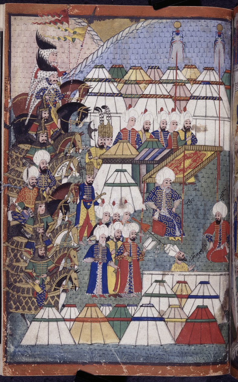 Přidat. 22011 f.199, Lala Mustafa Pasha v táboře po svém vítězství v Kars-Nusretname, z 
