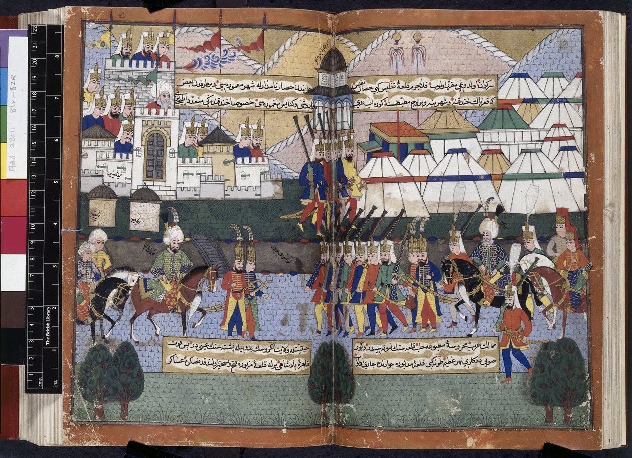 Přidat. 22011, ff.81v-82, osmanská armáda Lala Mustafa Pasha defilující před hradbami Tiflis z 