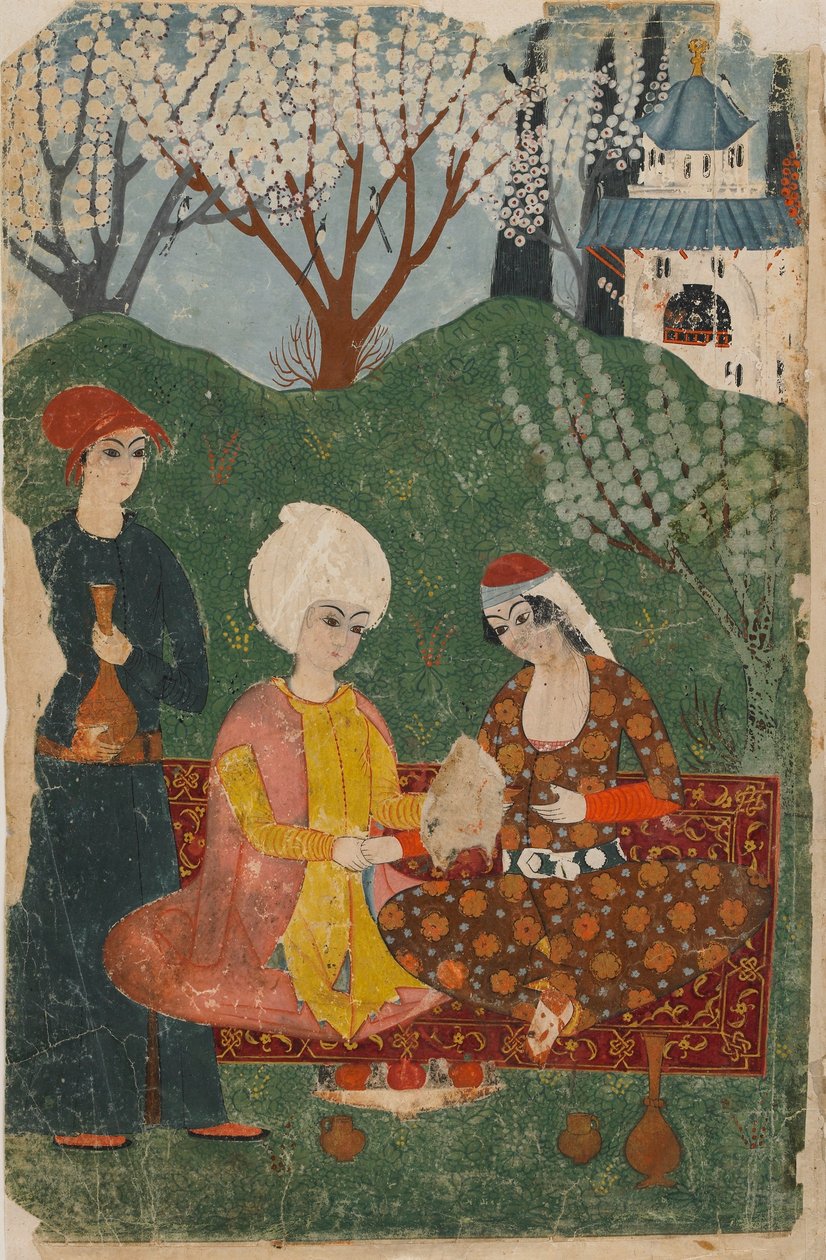 Folio z neidentifikovaného textu; recto: (neprůhledný akvarel, tuš a zlatá barva na papíře). od Turkish School