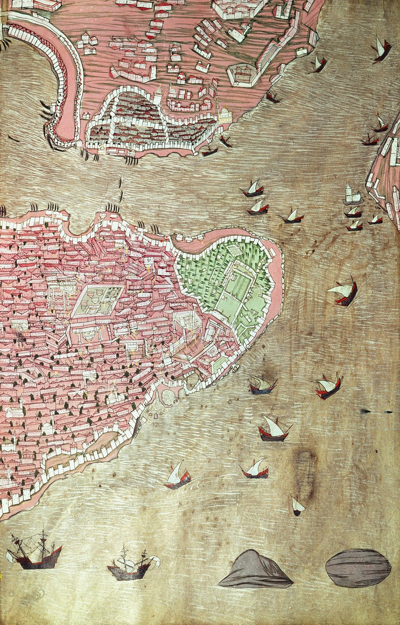 H 1523 fol.159v Pohled na palác Topkapi a Bosporskou úžinu, Istanbul, z Hunername od Lokmana, 1558 (pero a inkoust a kvaš na papíře) (viz také 229557) od Turkish School