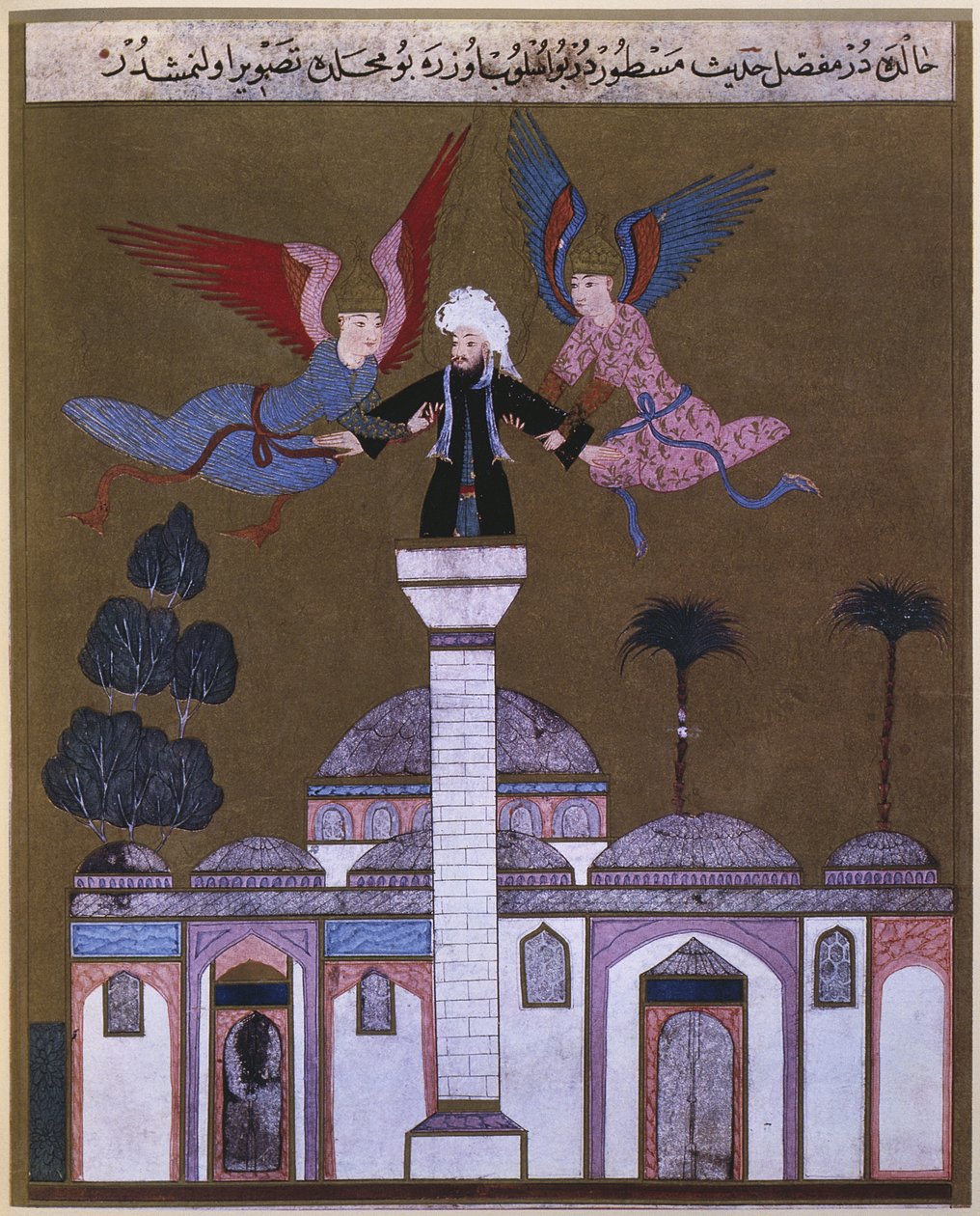 Ježíš Kristus nese dva andělé z minaretu mešity v Damašku, ze Zubdet ut Tevarih od Lokmana, 1583 od Turkish School