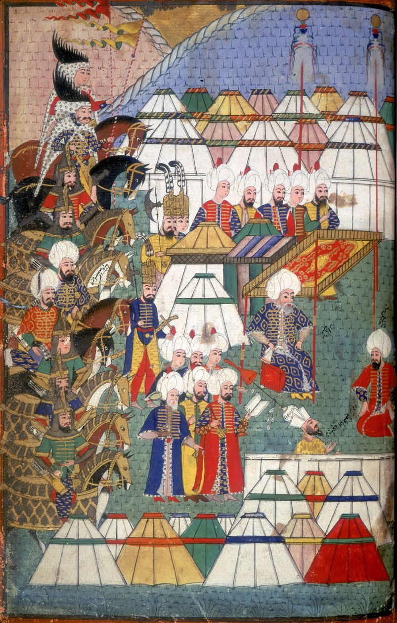 Lala Mustafa Pasha ve svém táboře po vítězství v Karsu, ilustrace z ‚Nusretname‘, popis tureckého dobytí Gruzie v roce 1578 od Gelibolulu Mustafy Ali od Turkish School