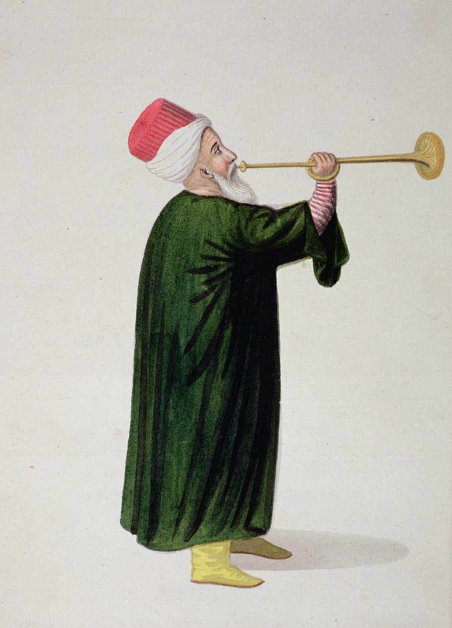 Oficiální trumpetista janičářské vojenské kapely, osmanské období, třetí čtvrtina 18. století (wc na papíře) od Turkish School