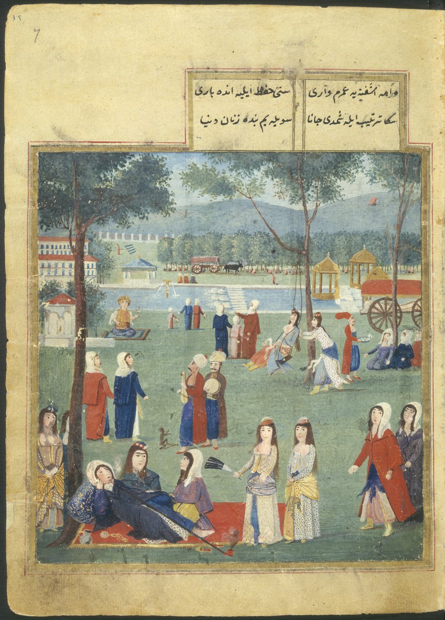Nebo. 7094 f.7, The Gardens of the Kagithane (Sladké vody Evropy), Ženy v parku (akvarel na papíře) od Turkish School