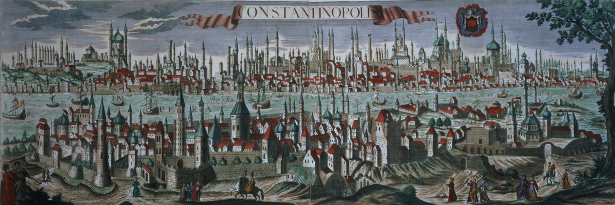 Panoramatický pohled na Konstantinopol, konec 18. století od Turkish School