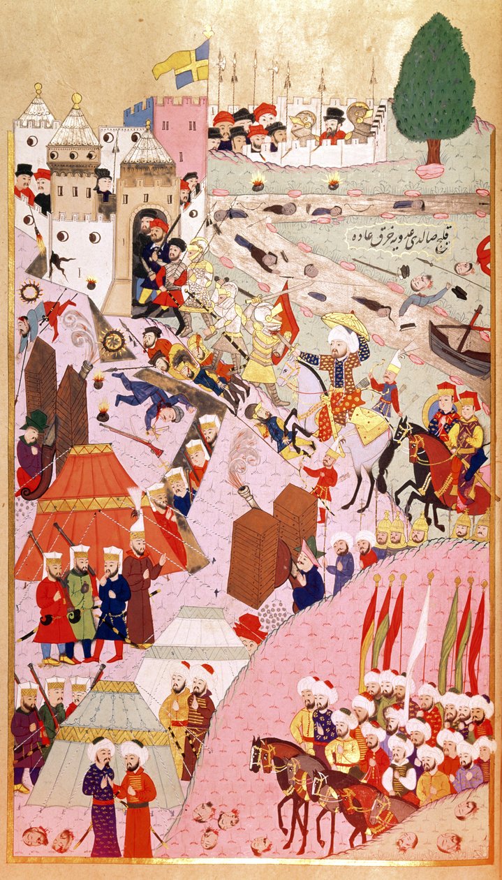 Útok sultána Mehmeta II. „Dobyvatel“ (1432–1481) na Bělehrad, z „Hunernamy“ (paní Hazine. 1524) od Turkish School