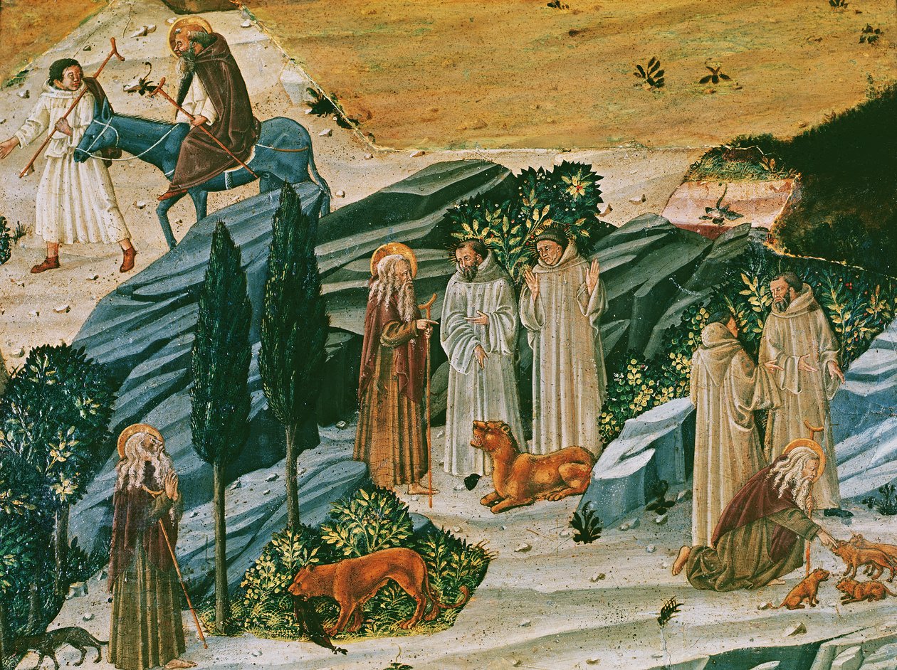Svatý Gerasimus v poušti Thebaid se lvem, kterého zkrotil odstraněním trnu z tlapy, kolem 1440 (tempera na panelu) od Tuscan School