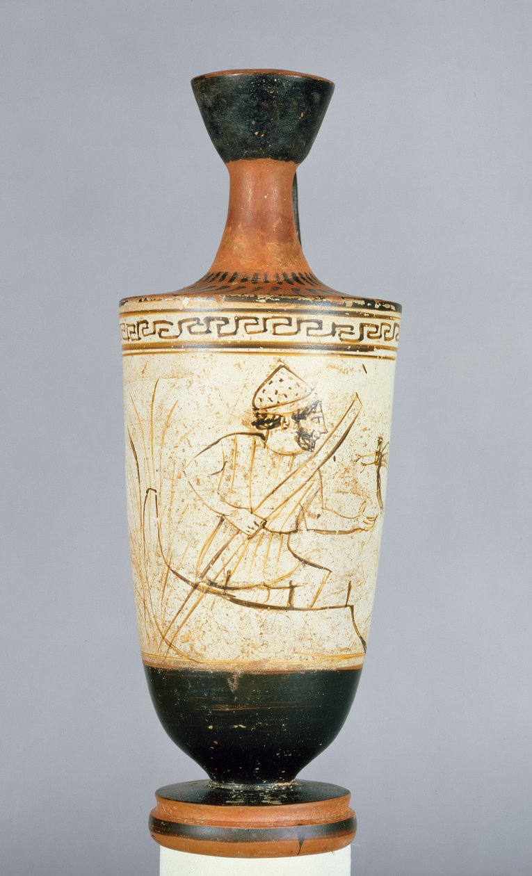 Podkrovní bílý lekythos zdobený Charonem, převozníkem z podsvětí přijímajícím duši mrtvé osoby, z Athén, cca 475-425 př. n. l. (keramika) od Tymbos Painter
