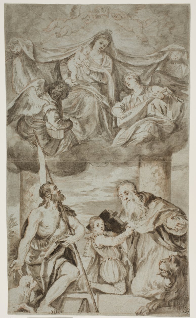 Panna a dítě mezi anděly v oblacích se svatými Janem Křtitelem a Jeronýmem podle obrazu Paola Veronese dříve v S. Francesco della Vigna, Benátky od Ubekendt Ubekendt