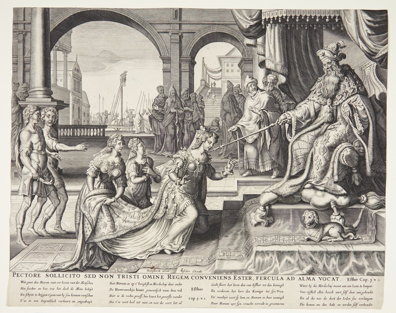 Ester před Ahasverem a pozvala ho na hostinu od Ubekendt efter Philips Galle efter forlæg af Maarten van Heemskerck