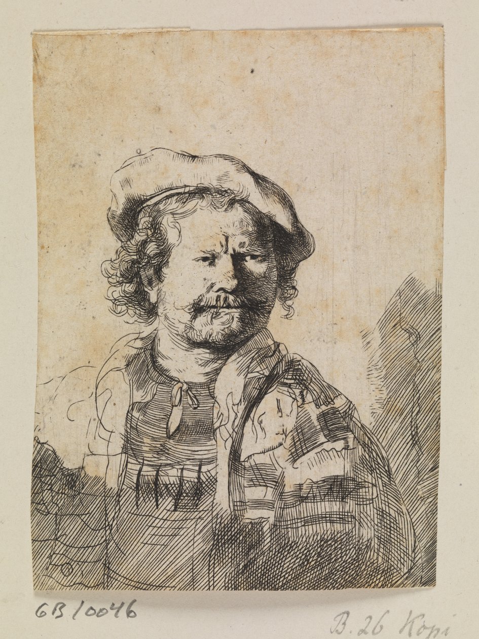 Rembrandt v ploché čepici a vyšívaných šatech od Ubekendt efter Rembrandt