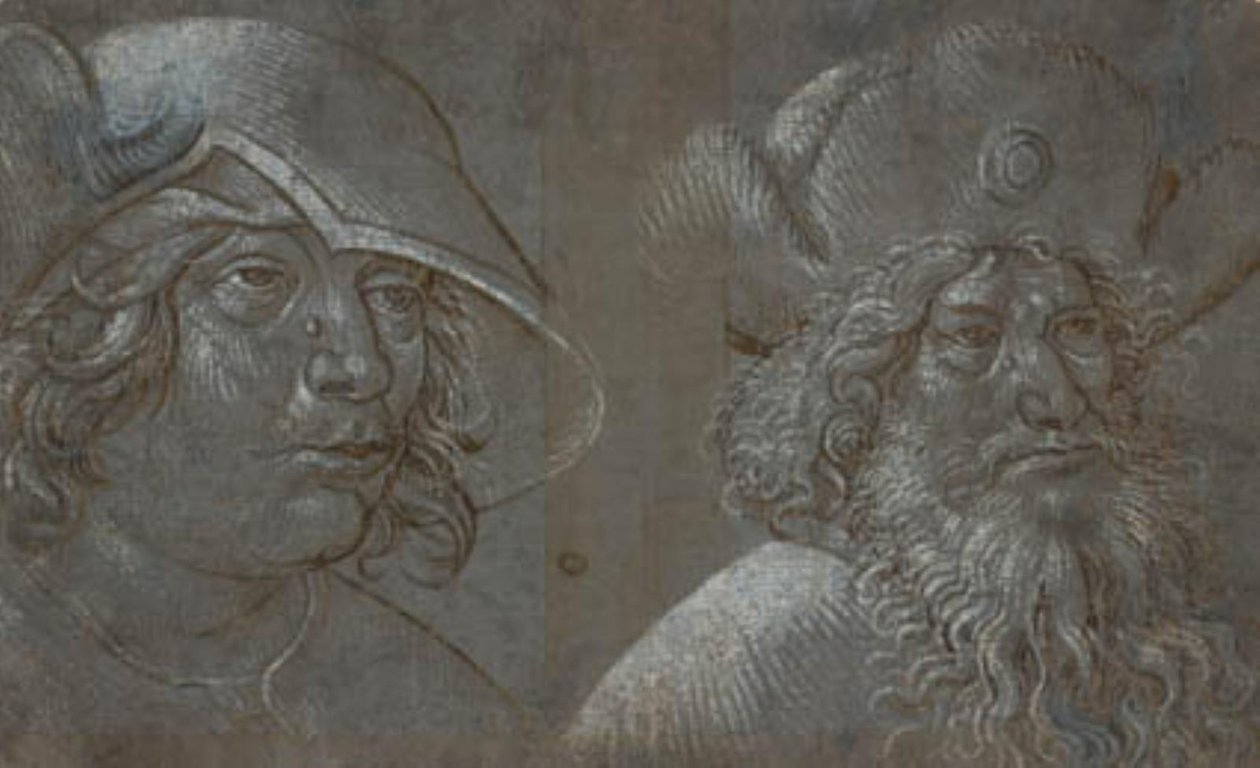 Dvě mužské hlavy ve tříčtvrtečním profilu vpravo, oba na sobě nápadné klobouky. od Ubekendt tysk nederlandsk ca. 1500