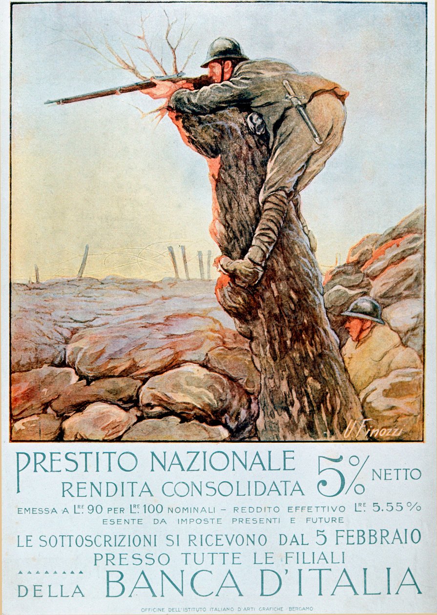 První světová válka: Italský plakát povzbuzující národní půjčování. Ilustrace Ugo Finozzi (20. století). 1914-1918 Pozor! Použití tohoto díla může být podmíněno žádostí o autorizaci třetí osobě nebo zaplacením dalších poplatků od Ugo Finozzi