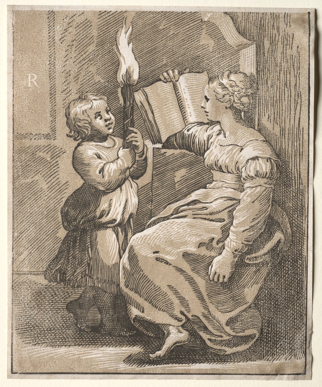 Sibyla čtení s dítětem držícím pochodeň, 1518-27. od Ugo da Carpi
