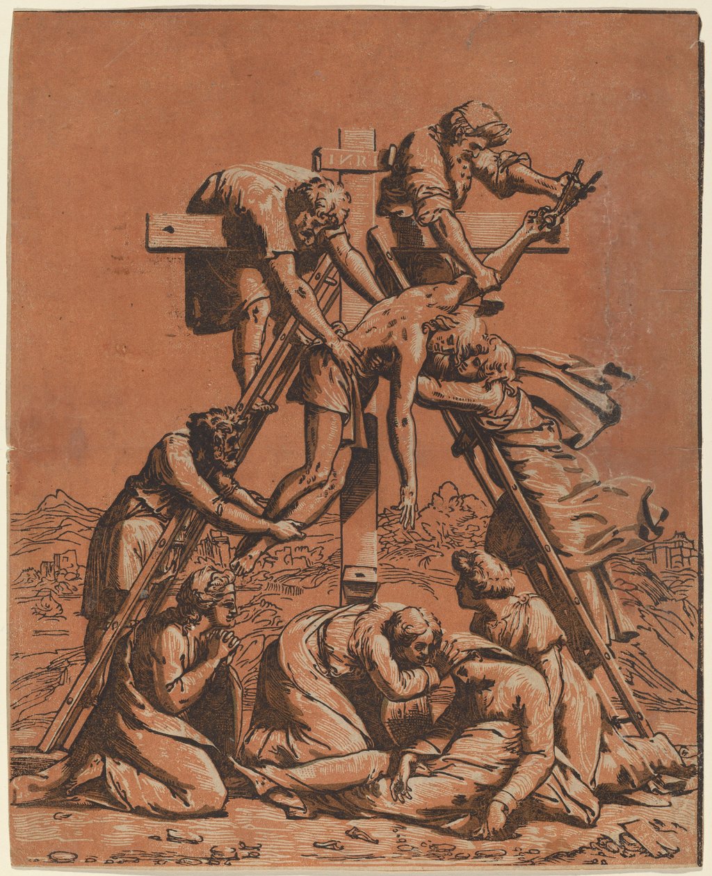 Sestup z kříže od Ugo da Carpi after Raphael