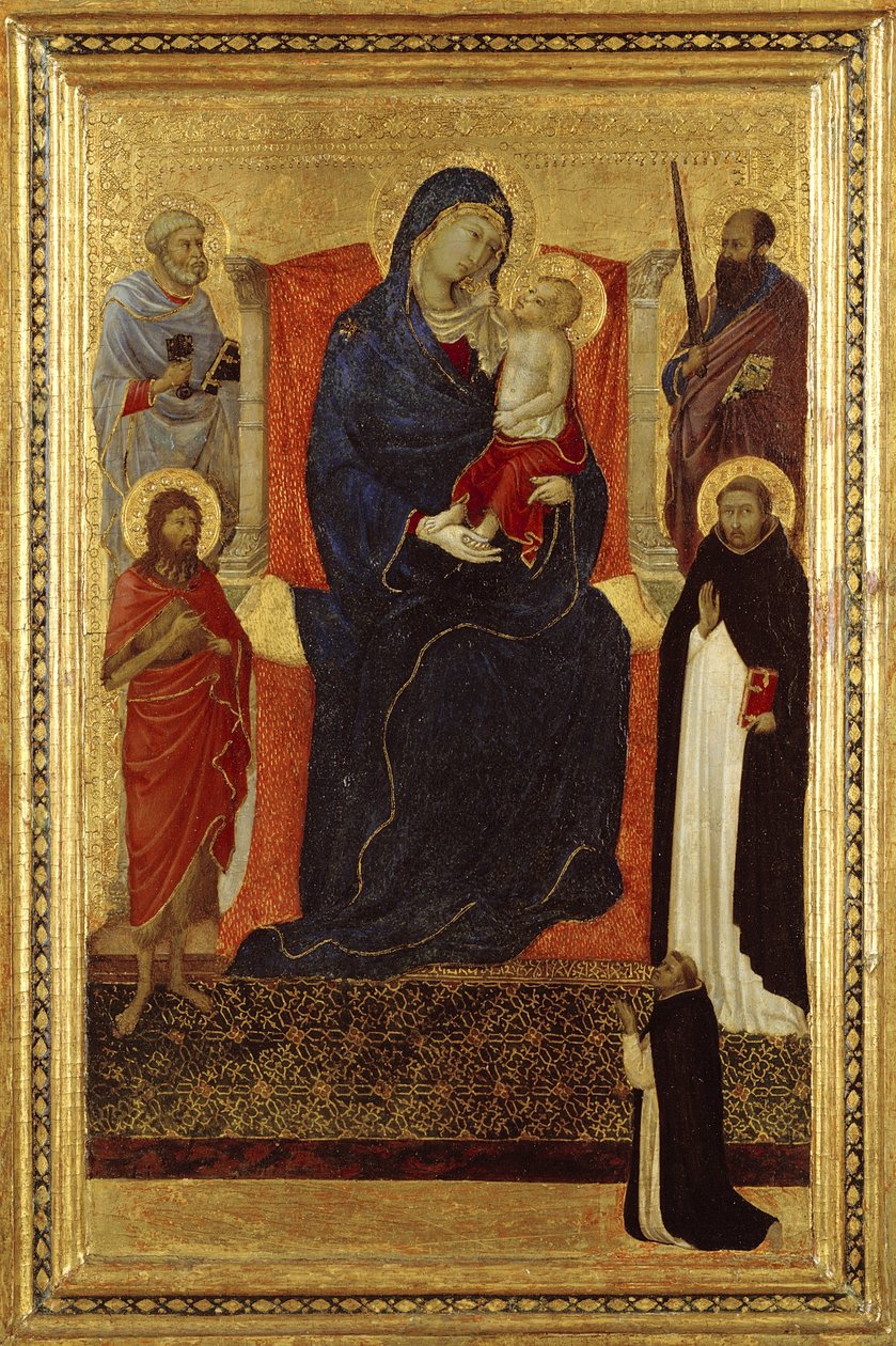 Panna s dítětem na trůn se svatými Petrem, Pavlem, Janem Křtitelem, Dominikem a donátorem, 1325-35 od Ugolino di Nerio
