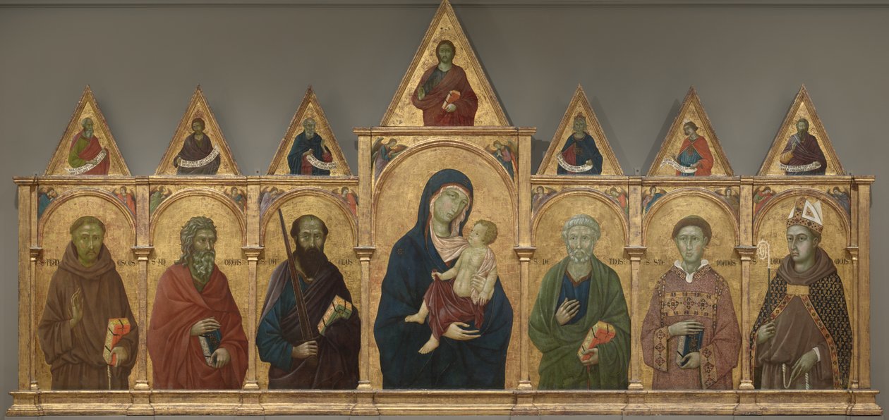 Panna a dítě se svatými Františkem, Ondřejem, Pavlem, Petrem, Štěpánem a Ludvíkem z Toulouse, kolem 1317-21 od Ugolino di Nerio