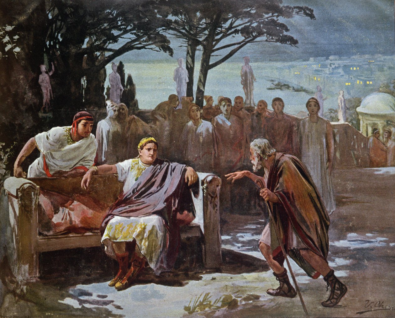 Chilon obviňuje křesťany ze zakládání ohně v Římě, ilustrace z „Quo vadis“ od Henryka Sienkiewicze (1846-1916) kolem roku 1910 od Ulpiano Checa y Sanz
