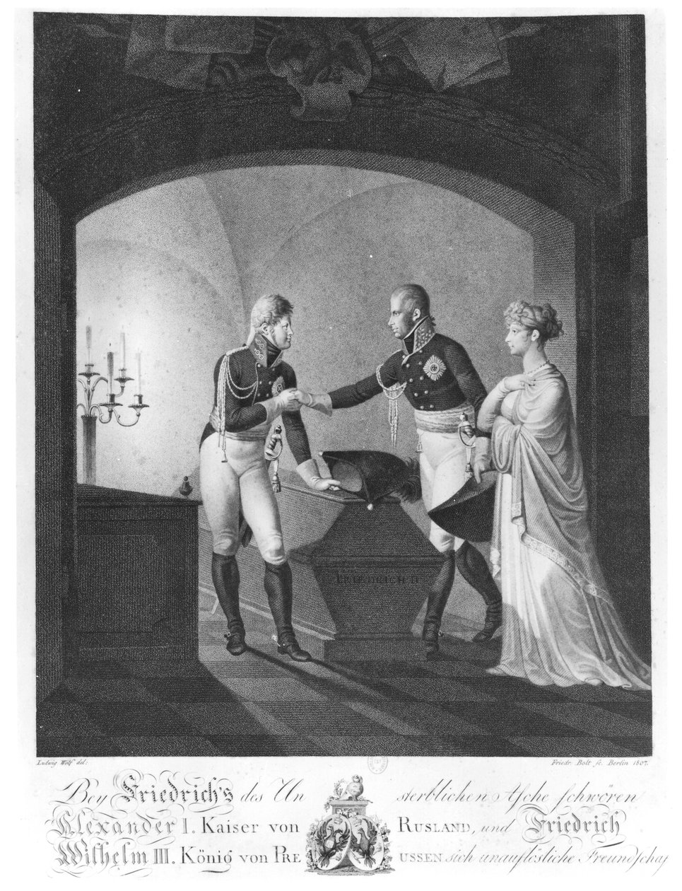 Poblíž popela Friedericka II. Velikého Pruského (1712-86), cara Alexandra I. (1777-1825) a pruského krále Friedricha Wilhelma III. (1770-1840) přísahající nesmrtelné přátelství v Postupimi v noci od Ulrich Ludwig Wolf