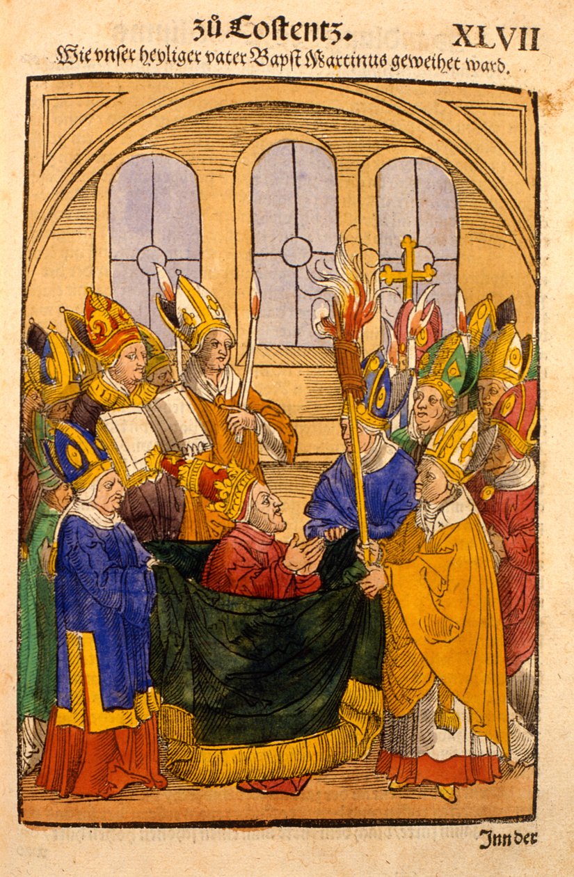 Martin V je instalován jako papež na koncilu v Kostnici, z ‚Chronik des Konzils von Konstanz‘ od Ulrich von Richental