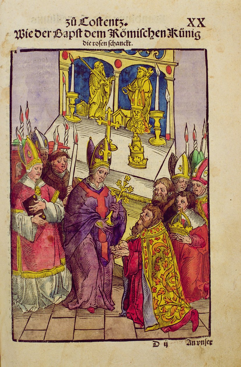 Papež Martin V. předává Zikmundovi na kostnickém koncilu symbolický dar Zlaté růže z „Chronik des Konzils von Konstanz“ od Ulrich von Richental