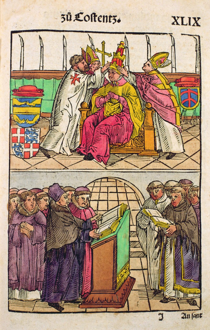 Papež Martin V je dosazen do papežství na koncilu v Kostnici, z ‚Chronik des Konzils von Konstanz‘ od Ulrich von Richental
