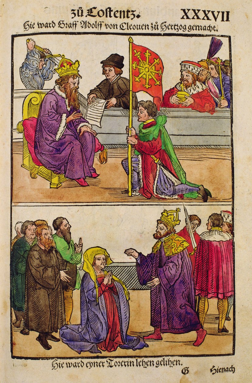 Zikmund povyšuje hraběte Adolfa z Cleves do hodnosti vévody na kostnickém koncilu z ‚Chronik des Konzils von Konstanz‘ od Ulrich von Richental