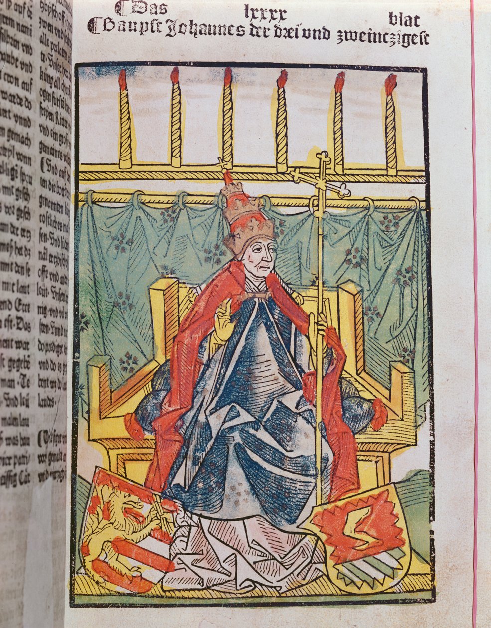 Antipapež Jan XXIII (asi 1370-1419) na koncilu v Kostnici (1414-18), 1483 (kolorovaná dřevorytina) od Ulrich von Richental