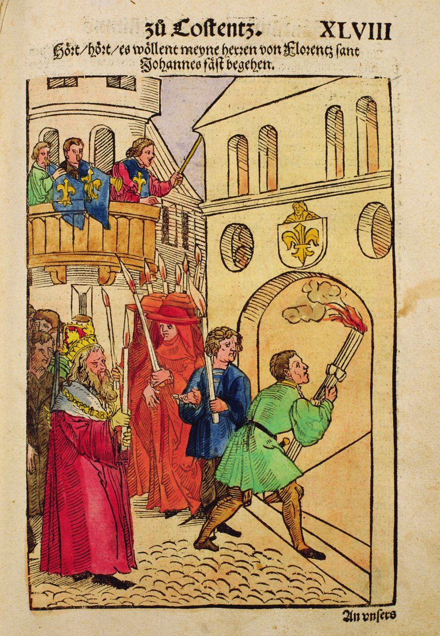 Florentští delegáti slaví svátek sv. Jana, svého patrona, na kostnickém koncilu z „Chronik des Konzils von Konstanz“ od Ulrich von Richental