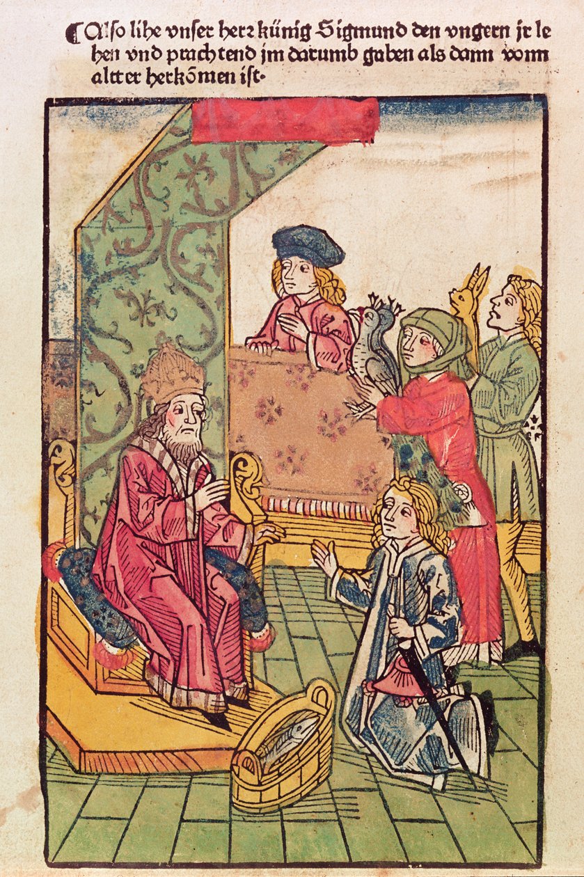Císař Zikmund (1367-1437) Lucemburský přijímá poctu svých uherských poddaných, 1483, (barevný dřevoryt) (viz také 316982) od Ulrich von Richental