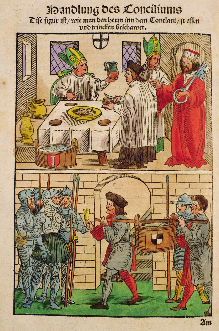 Jak byly chléb a víno distribuovány lidem během kostnického koncilu, z „Chronik des Konzils von Konstanz“ od Ulrich von Richental