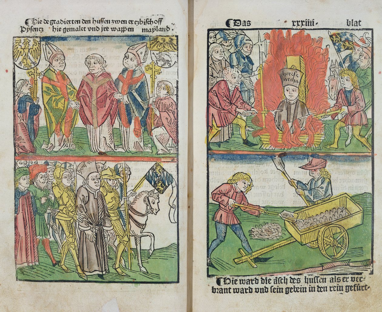 Jan Hus upálen na kostnickém koncilu, z „Historie kostnického koncilu“, vydané 1483 od Ulrich von Richental