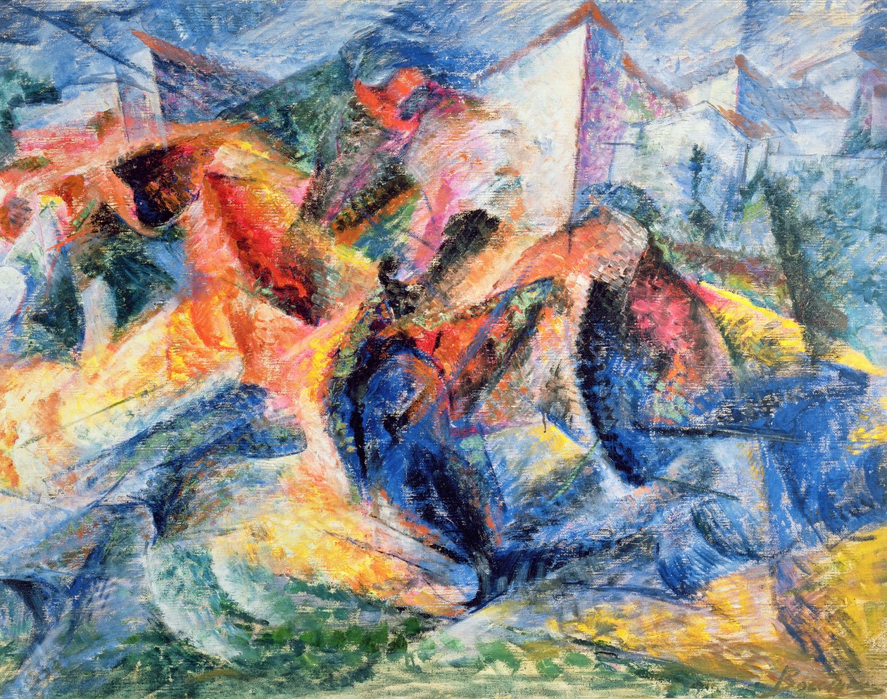 Kůň a jezdec a budovy, 1914 od Umberto Boccioni