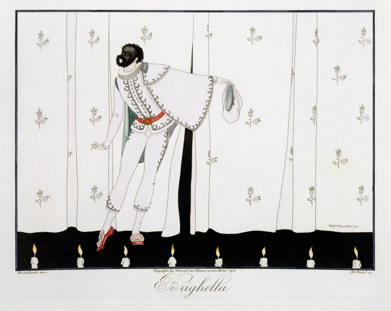Brighella, z edice „Masky a postavy italského divadla“ Le Journal des Dames et des Modes, vyryl Henri Reidel (fl.1914-20) 1914 (barevně lito) od Umberto (after) Brunelleschi