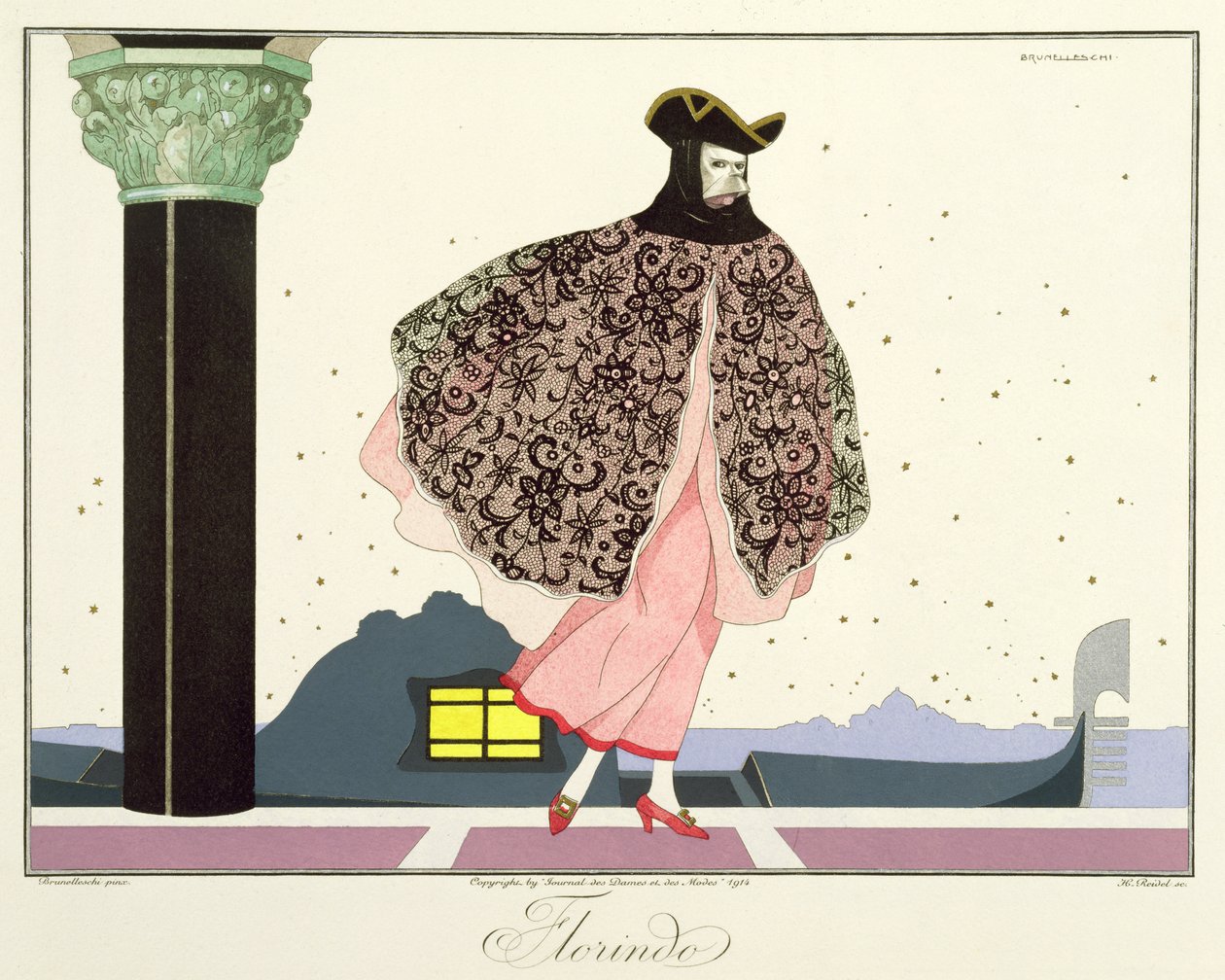 Florindo, z edice „Masky a postavy italského divadla“ Le Journal des Dames et des Modes, vyryto Henri Reidelem (fl1914-20) 1914 (barevně lito) od Umberto (after) Brunelleschi