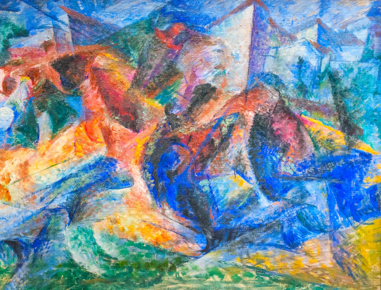 Hevonen, ratsastaja ja rakennukset od Umberto Boccioni