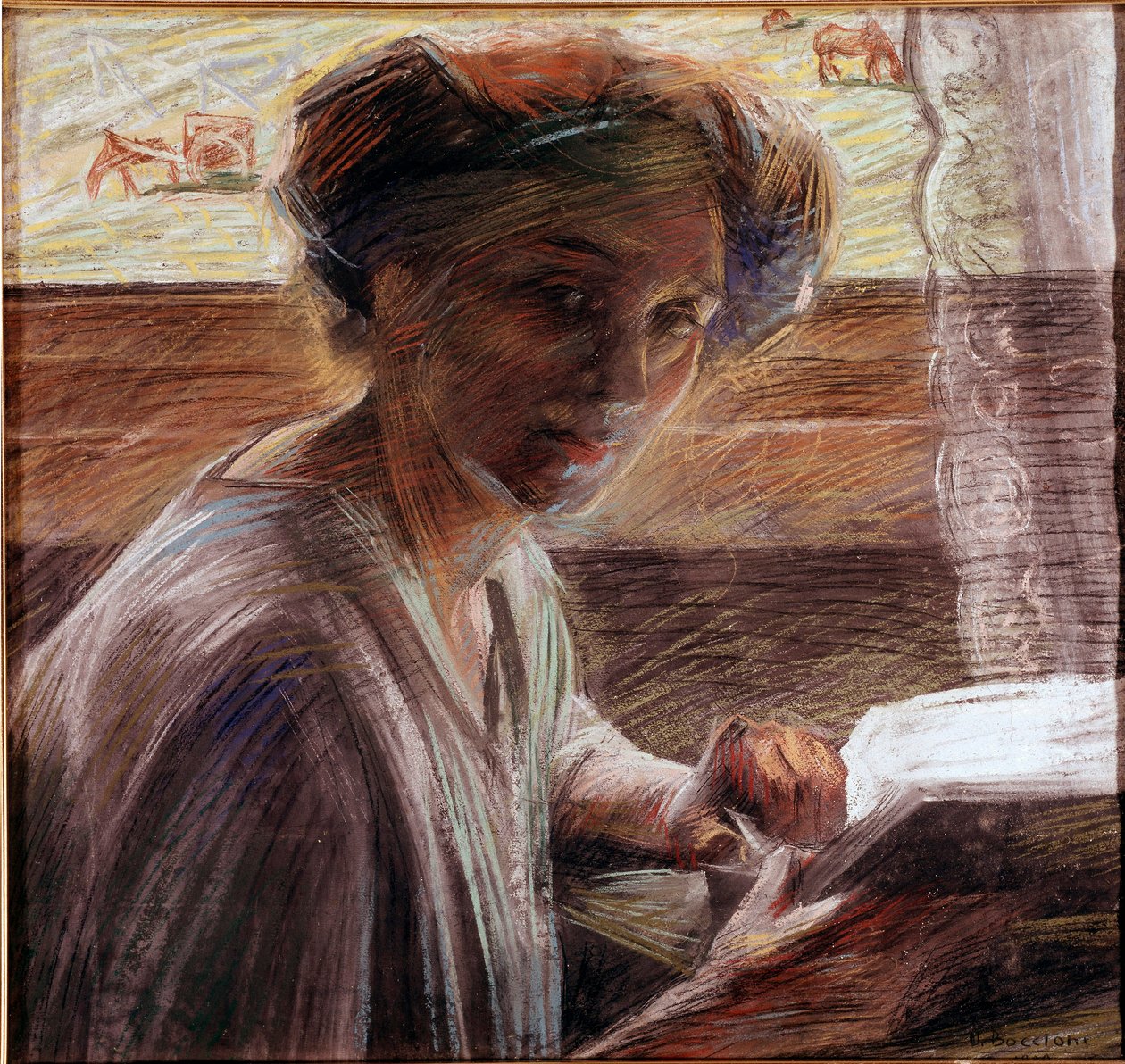 Portrét sestry malíře, který čte Pastelový obraz Umberta Boccioniho (1882-1916) 1908 Sun. 54x58 cm Benátky, Galleria d