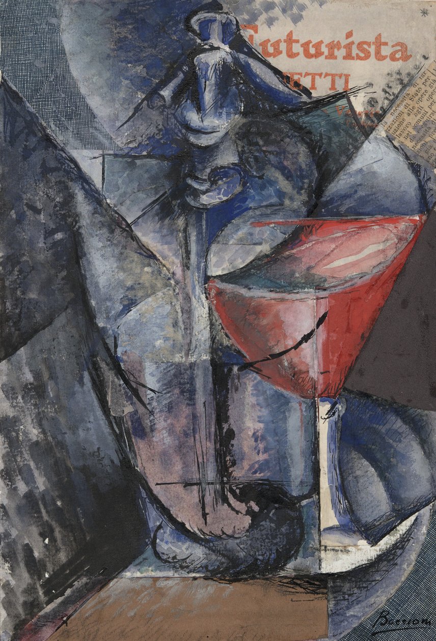 Still Life: Glass and Siphon, cca 1914 (koláž, kvaš, pero a inkoust) od Umberto Boccioni