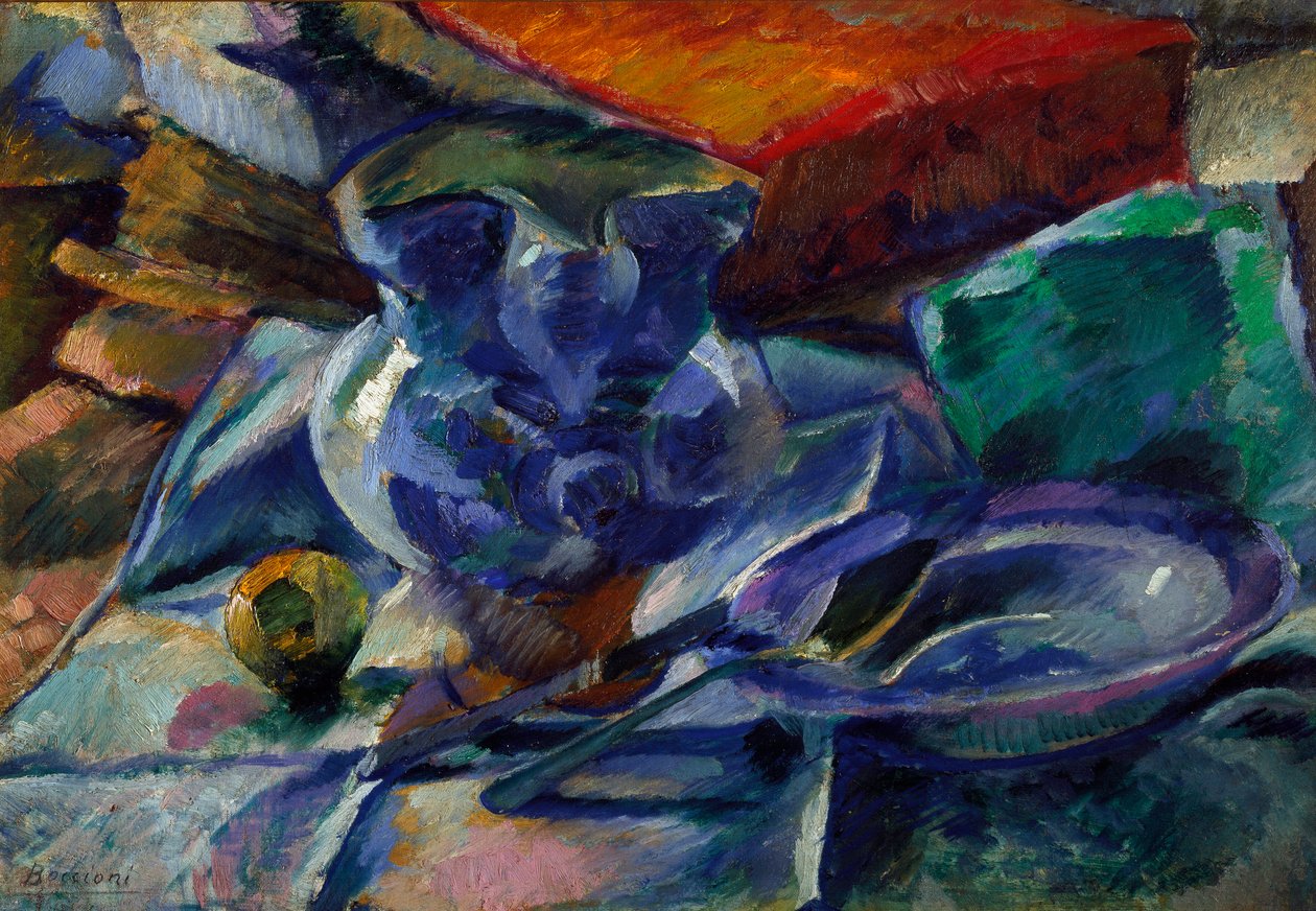 Zátiší se džbánem, mísou a příborem Obraz Umberta Boccioniho (1882-1916) 1916 Rozm. 35x50 cm Milán, Civico Museo d