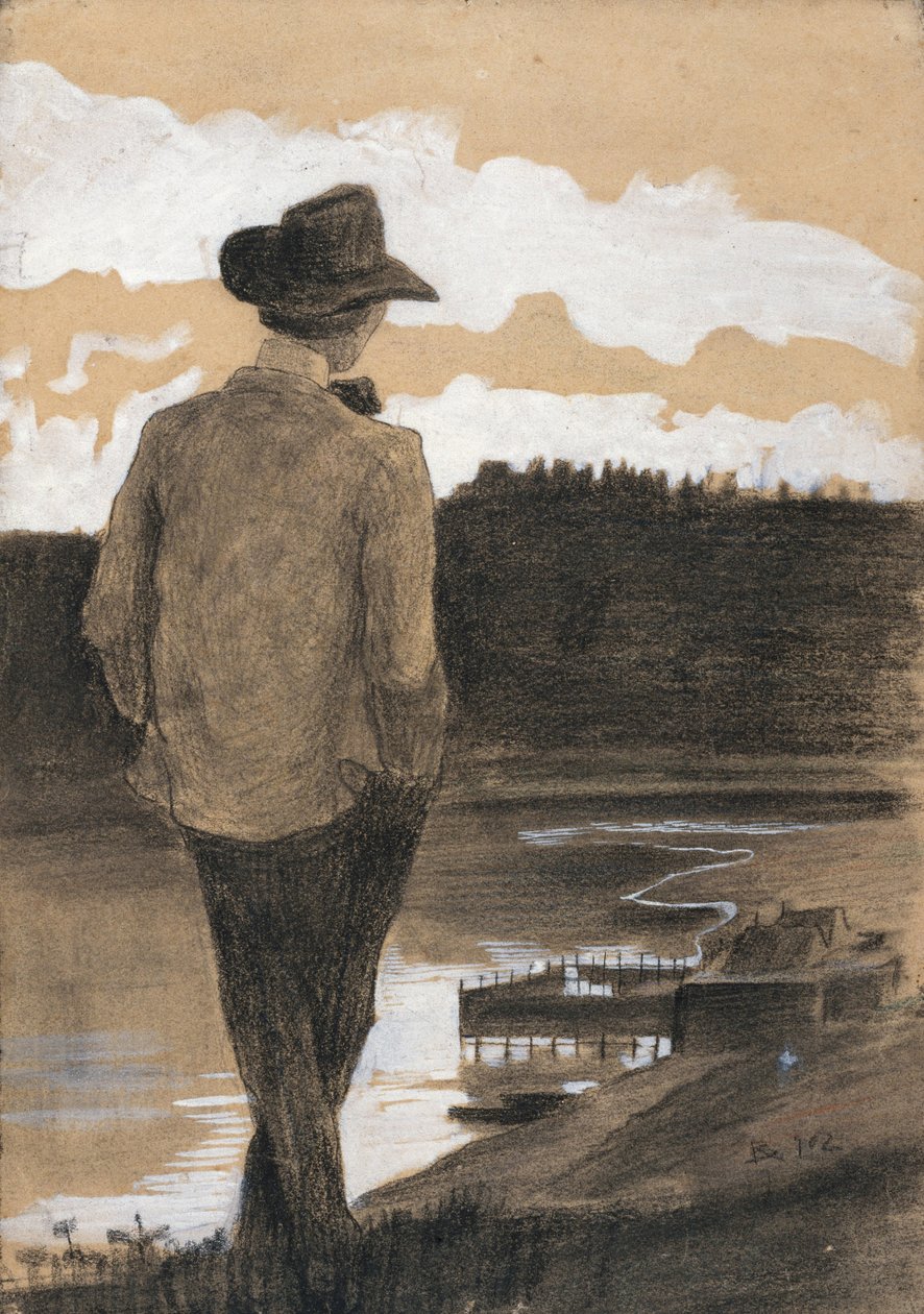 Mladý muž na břehu řeky, 1902 (kvaš, dřevěné uhlí a pastel na papíře) od Umberto Boccioni